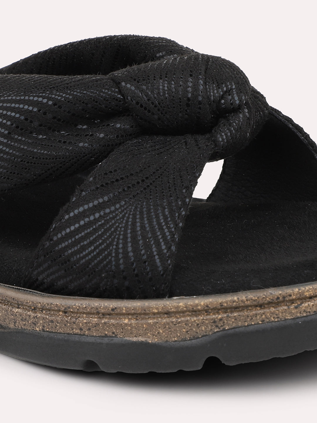 Women Black Printed Open Toe Flats with Knot Detail