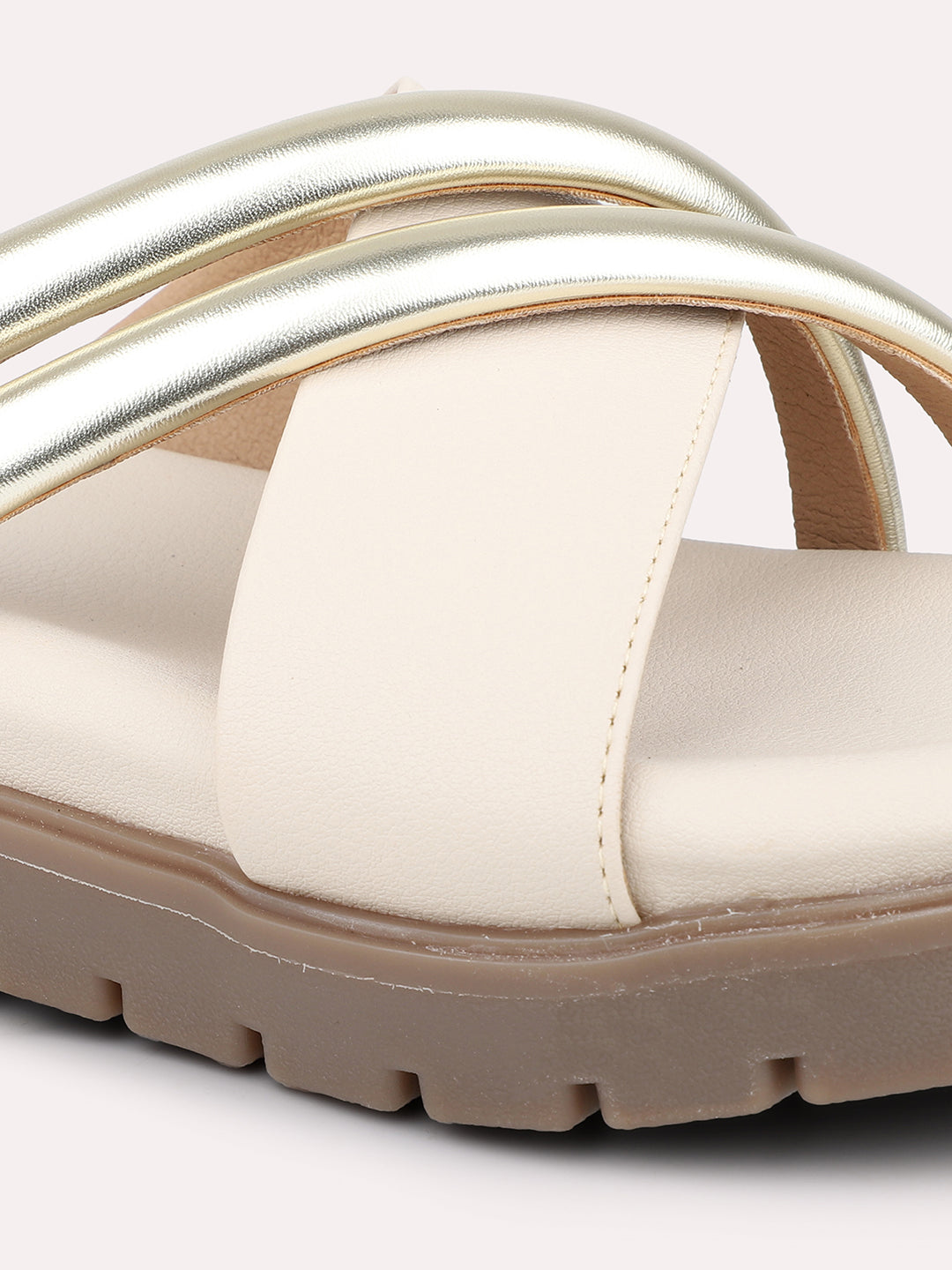 Women Cream & Gold Open Toe Flats