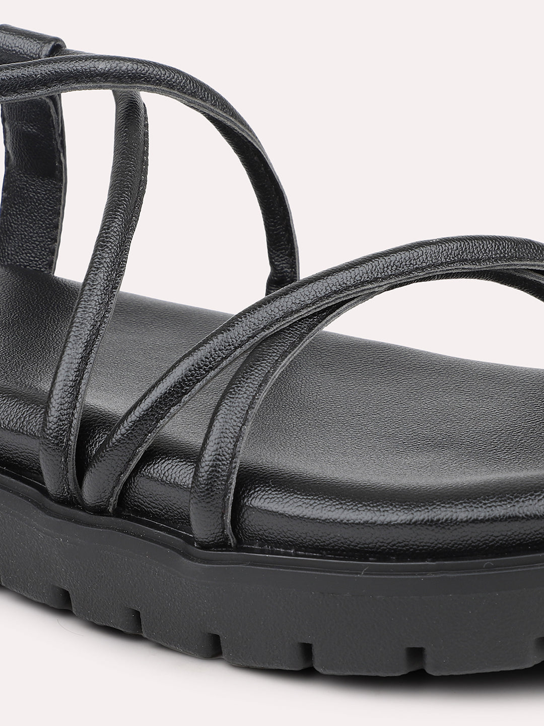 Women Black Striped Open Toe Flats With Backstrap