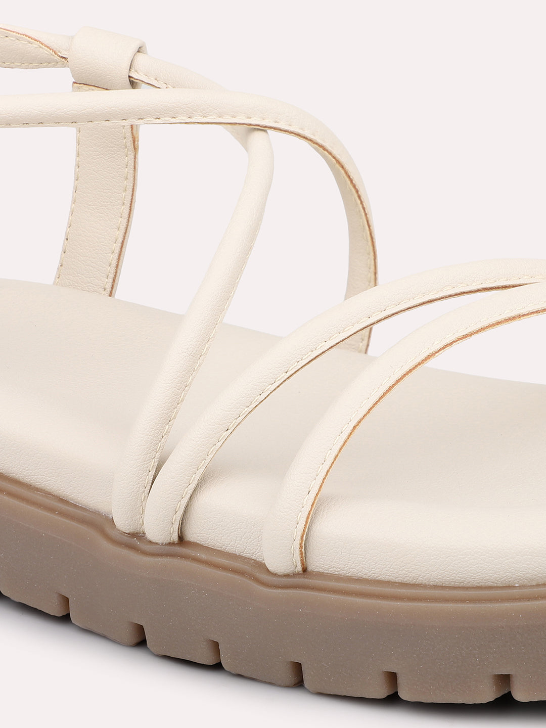 Women Cream Striped Open Toe Flats With Backstrap