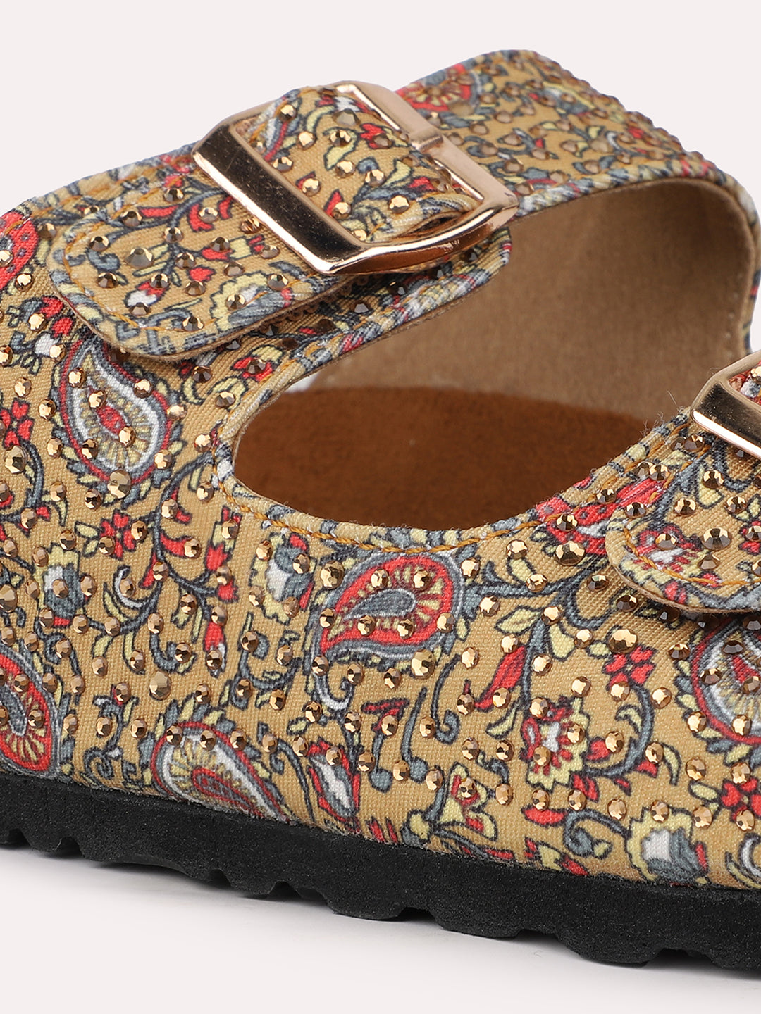 Women Tan Printed Cork Finish Open Toe Comfort Flats With Buckle Detail