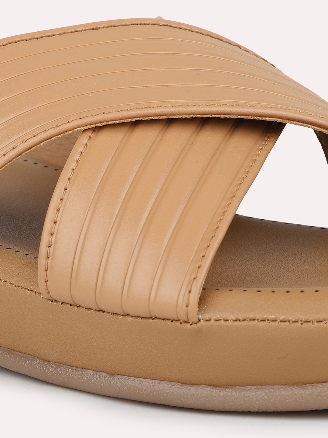 Womens Beige Casual Solid Pattern Open Toe Flat Slip-Ons