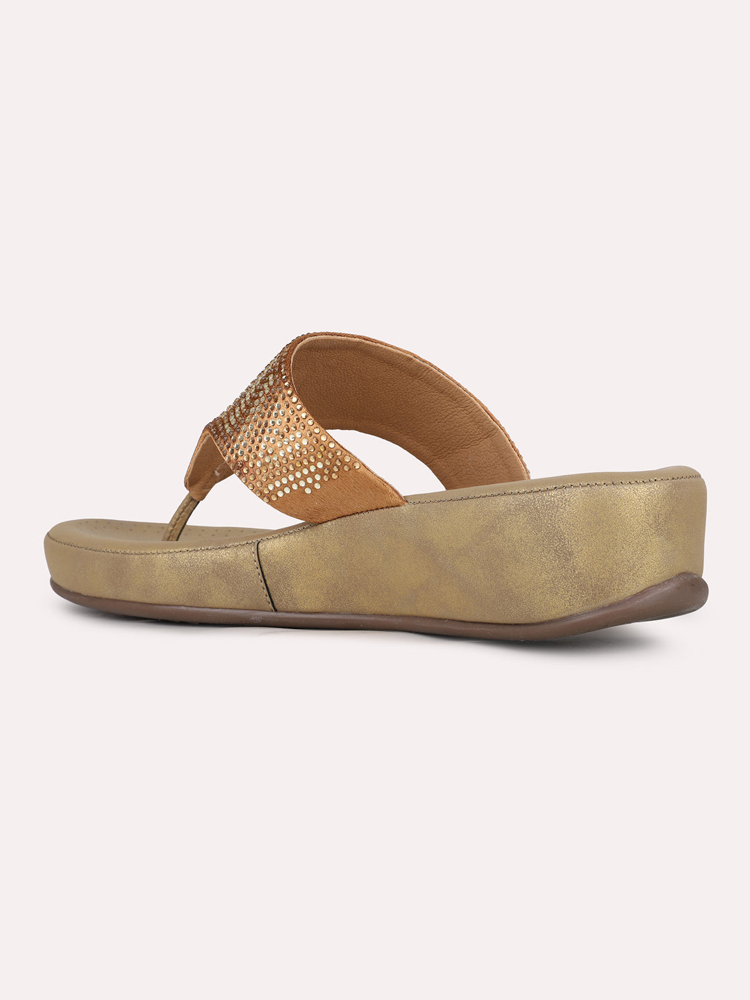 Womens Golden Ethnic Solid Round Toe Wedge Heel Sandals