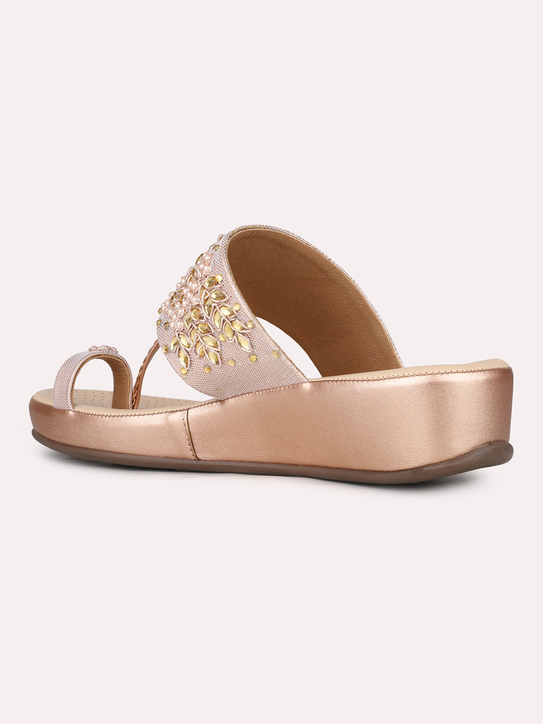 Womens Rose Gold Party Wear Solid Round Toe Wedge Heel Sandals