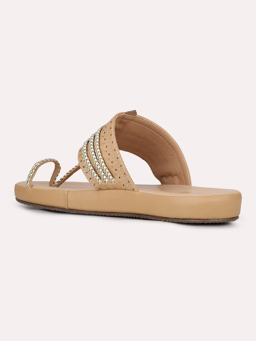 Womens Beige Casual Solid One Toe Slip-On Flat Sandals