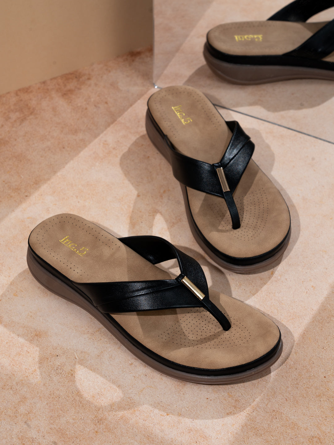 Buy Now Womens Black Casual Solid T-Strap Flat Sandals