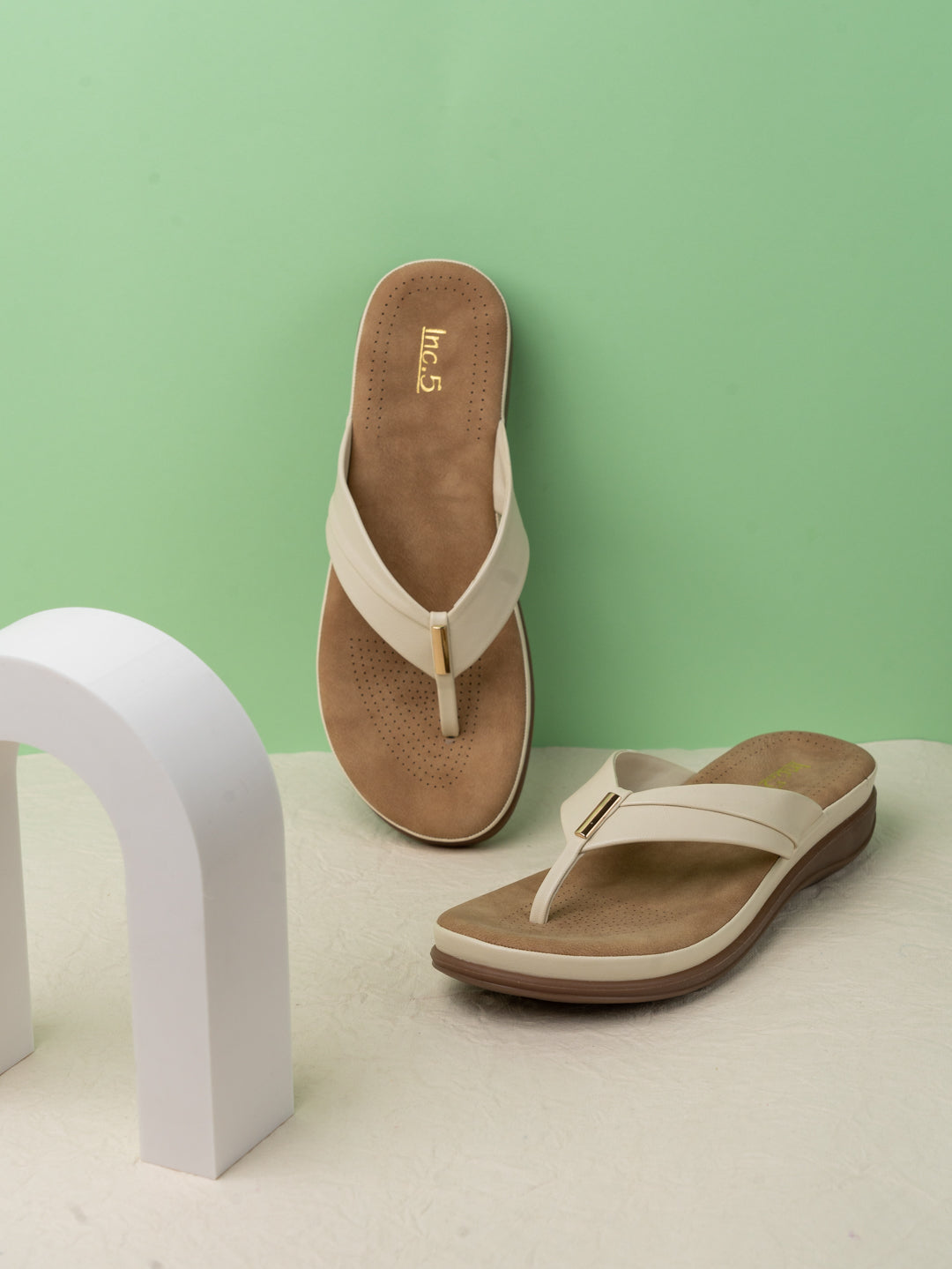 Buy Now Womens Cream Casual Solid T-Strap Flat Sandals