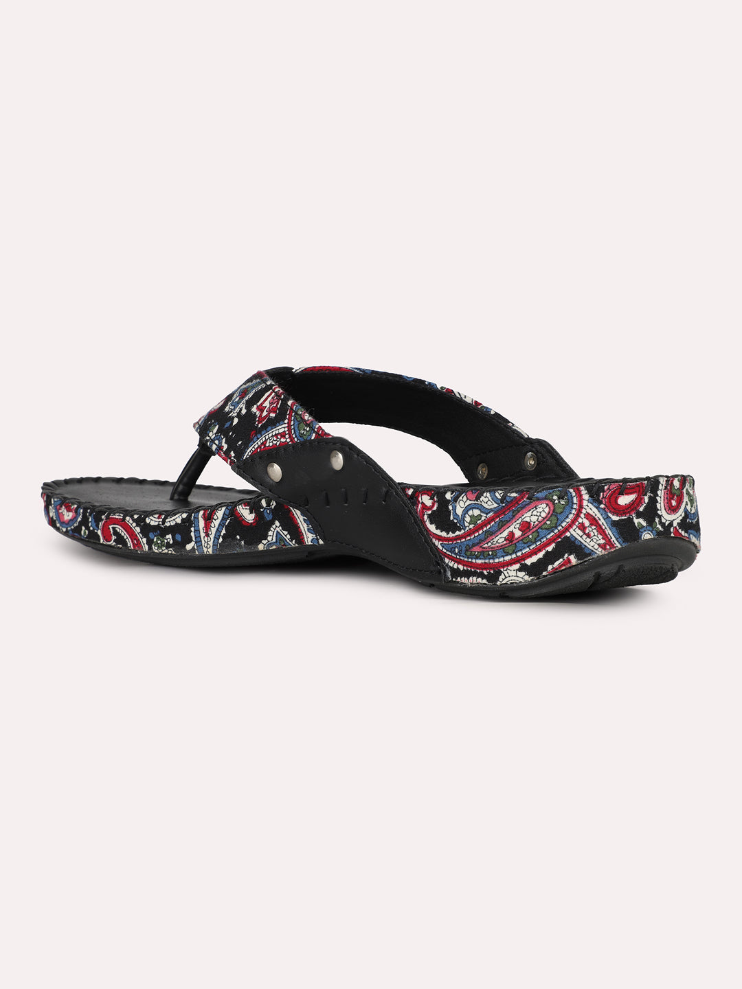 Womens Black Casual Printed Toe T-Strap Slip-On Flat Sandals
