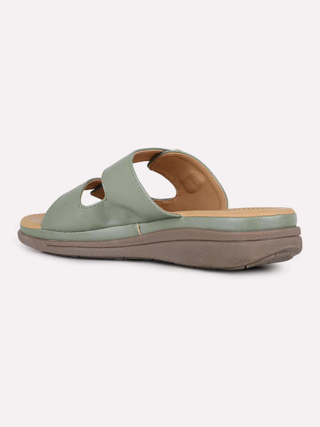Women Green Ethnic Solid Open Toe Slip-On Flat Sandals