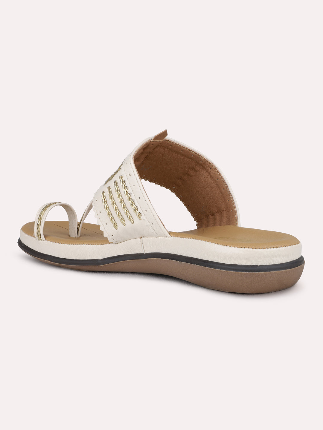 Womens Cream Ethnic Embellished T-Strap Flats