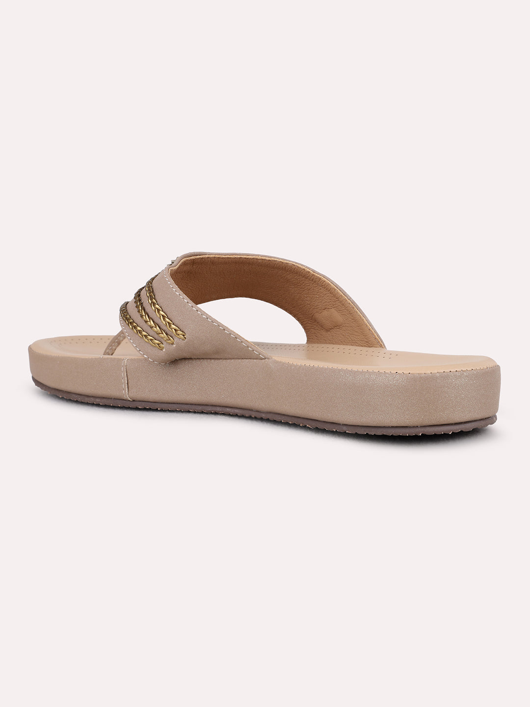 Womens Golden Ethnic Embellished T-Strap Slip-On Sandals