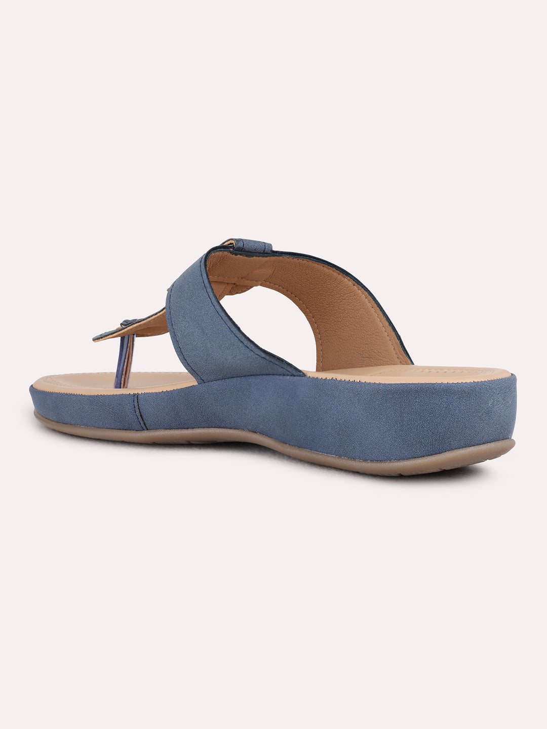 Womens Blue Casual Solid T-Strap Flat Sandals