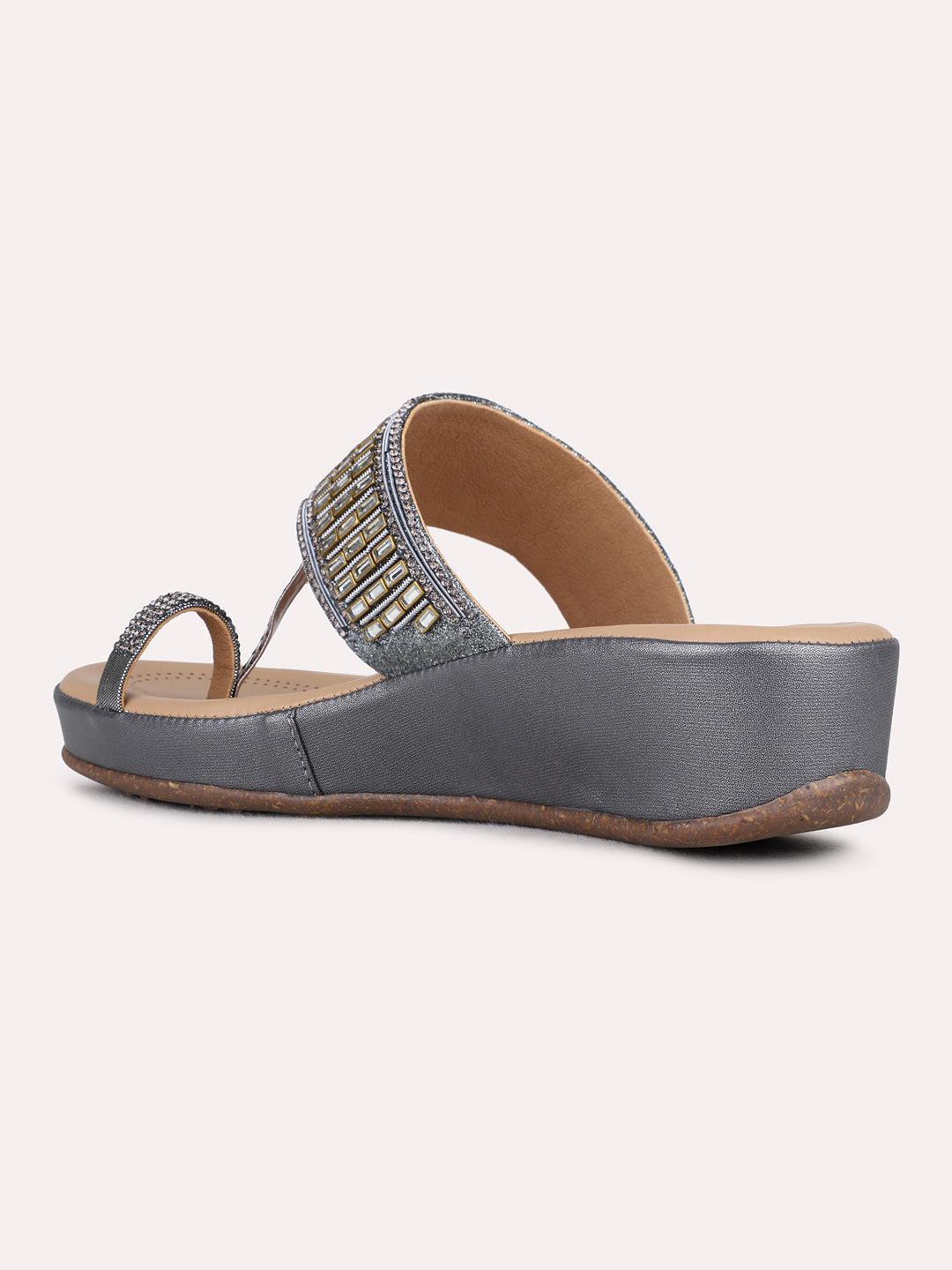 Womens Pewter Party Wear Embellished Round Toe Wedge Heel Sandals