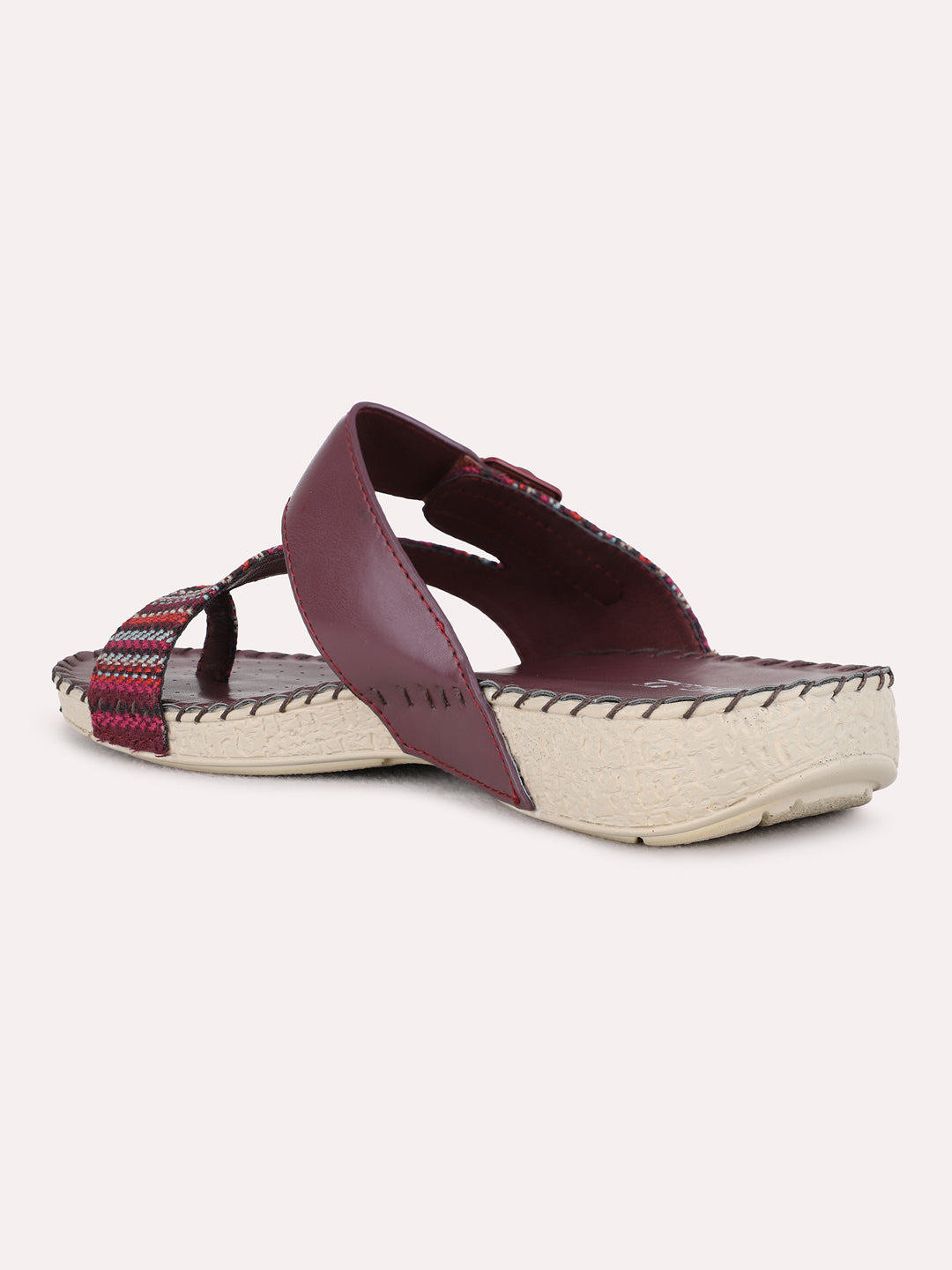 Womens Maroon Casual Printed One Toe Flat Slip-Ons
