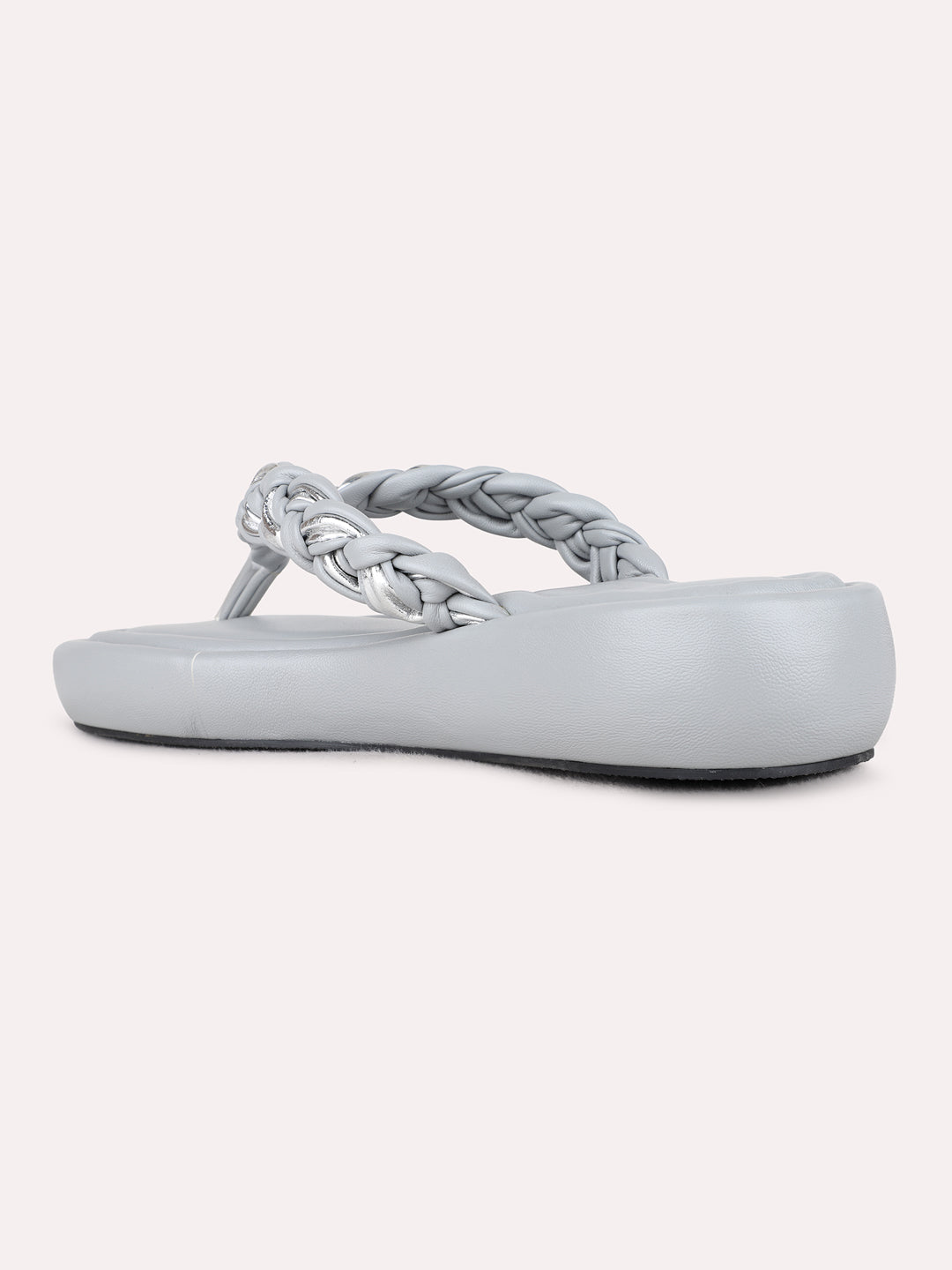 Womens Grey Party Wear Solid T-Strap Flat Slip-On Sandals