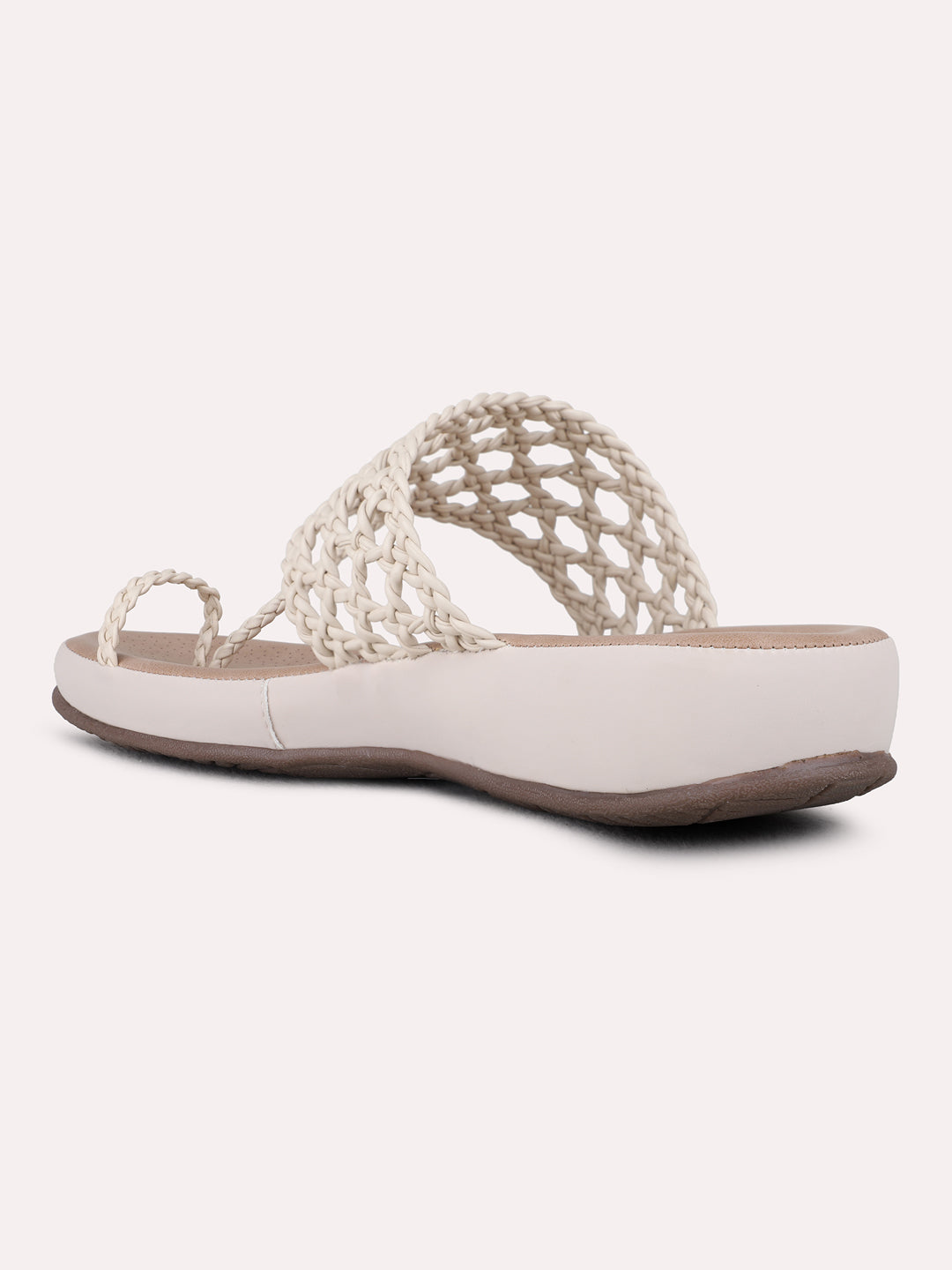 Womens Beige Casual Solid T-Strap Flat Sandals