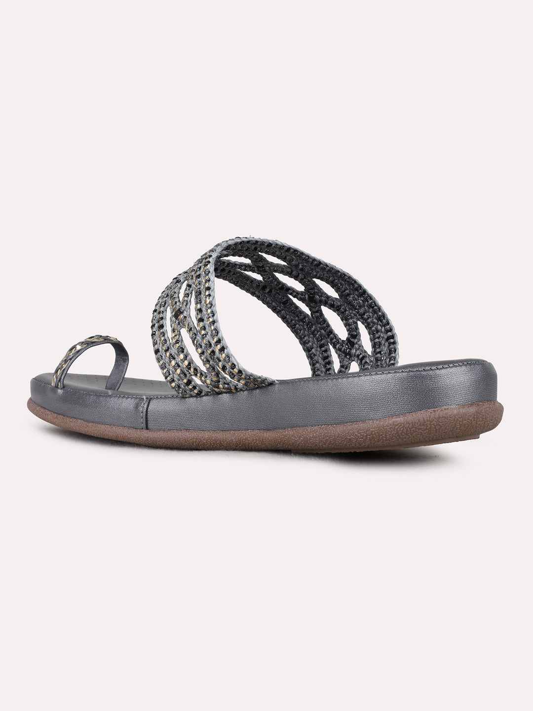 Womens Pewter Casual Solid One Toe Flat Slip-On Sandals