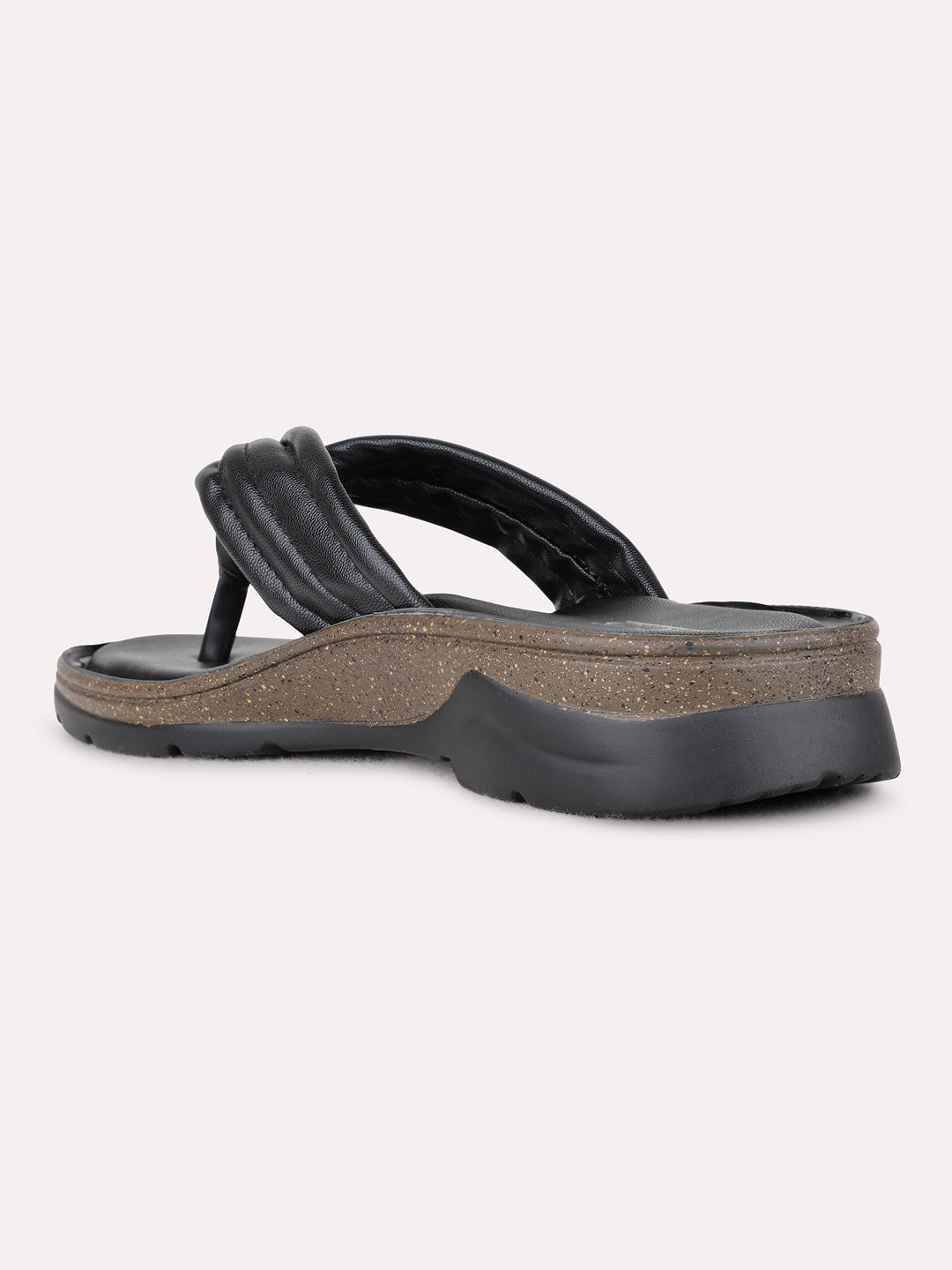 Womens Black Casual Solid Pattern T-Strap Flat Slip-On Sandals