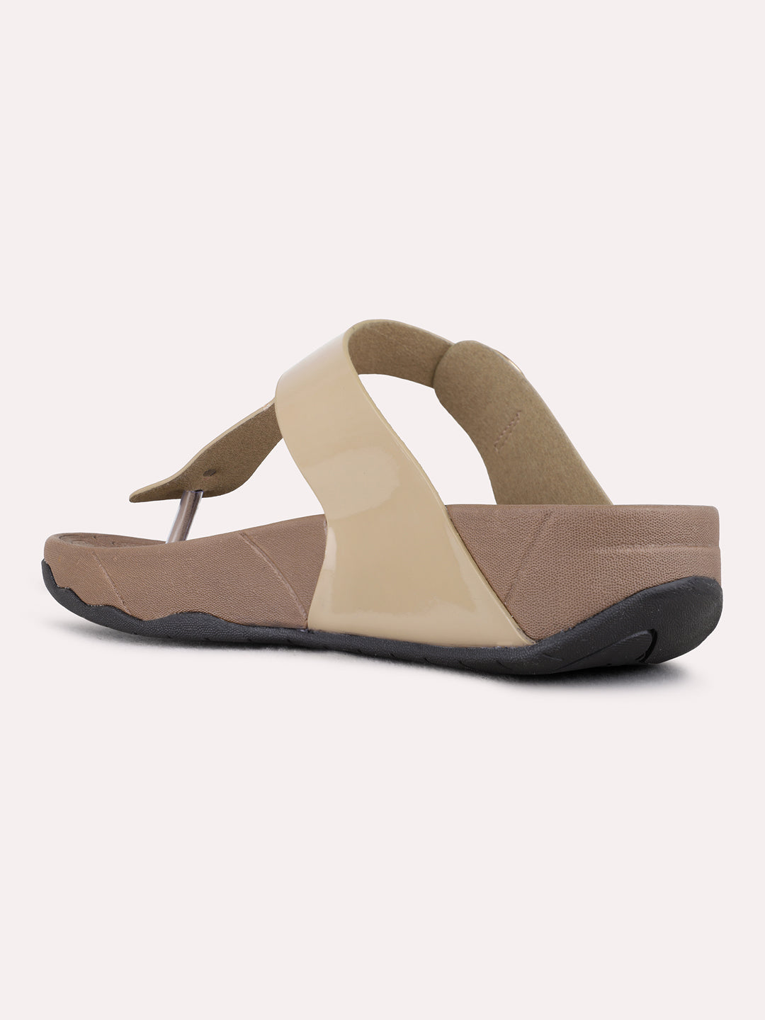 Womens Beige Casual Solid T-Strap Flats