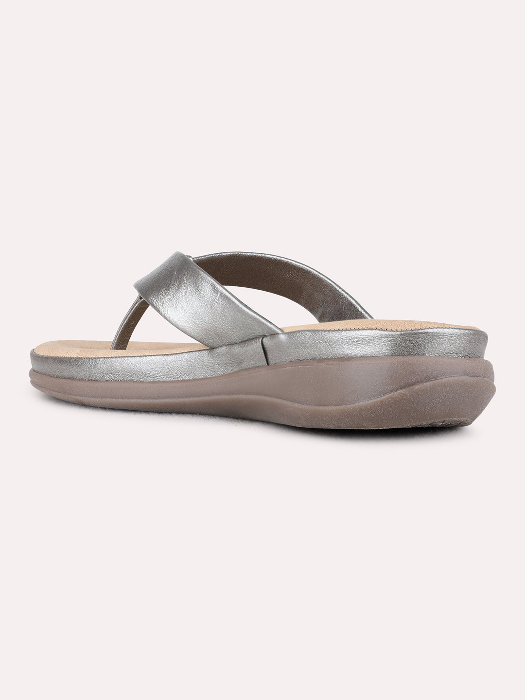 Womens Grey Casual Solid T-Strap Flat Slip-Ons
