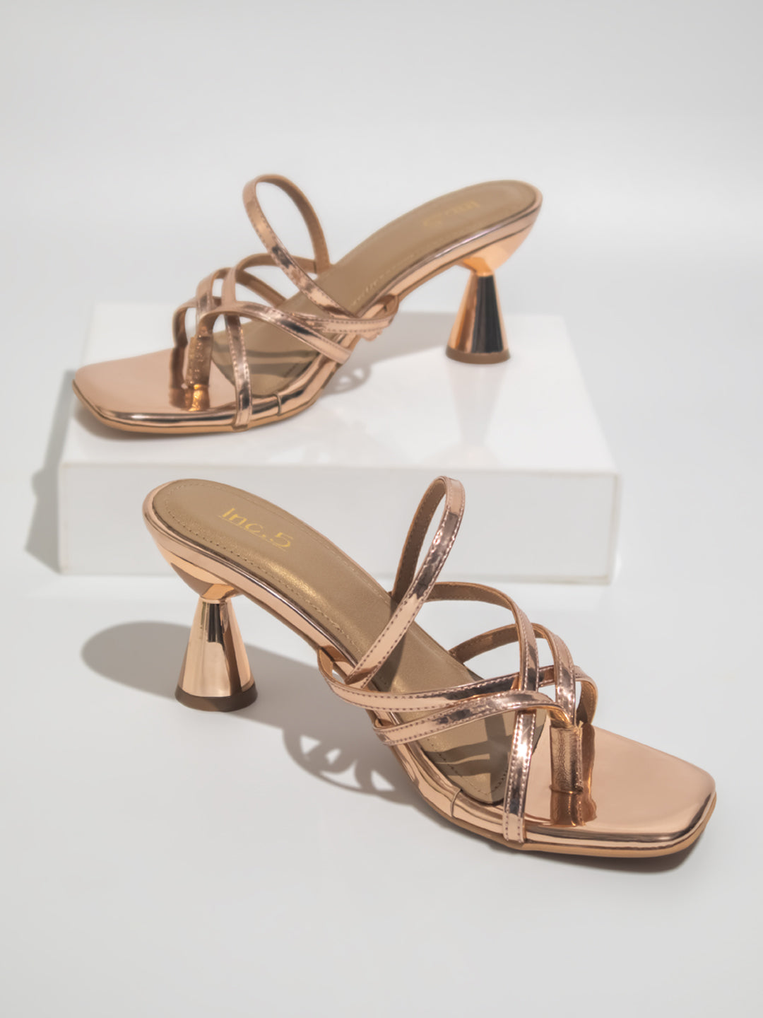 Buy Now Women Rose Gold Striped Kitten Heeled Sandals