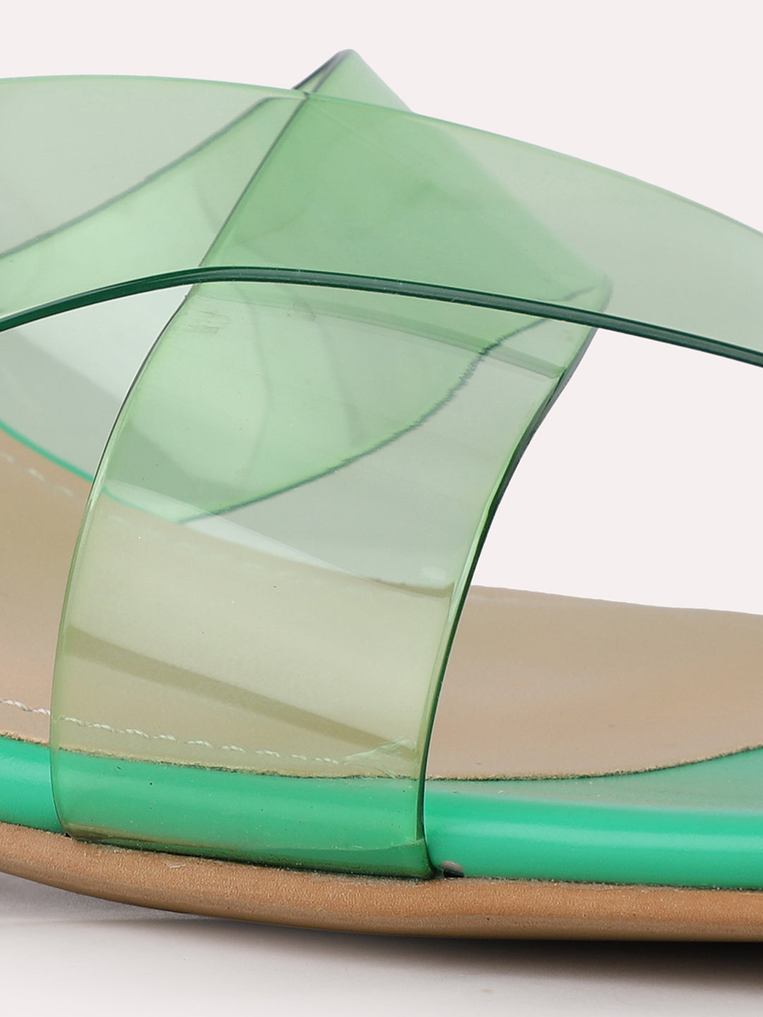 Womens Green Party Wear Transparent Square Toe Heels
