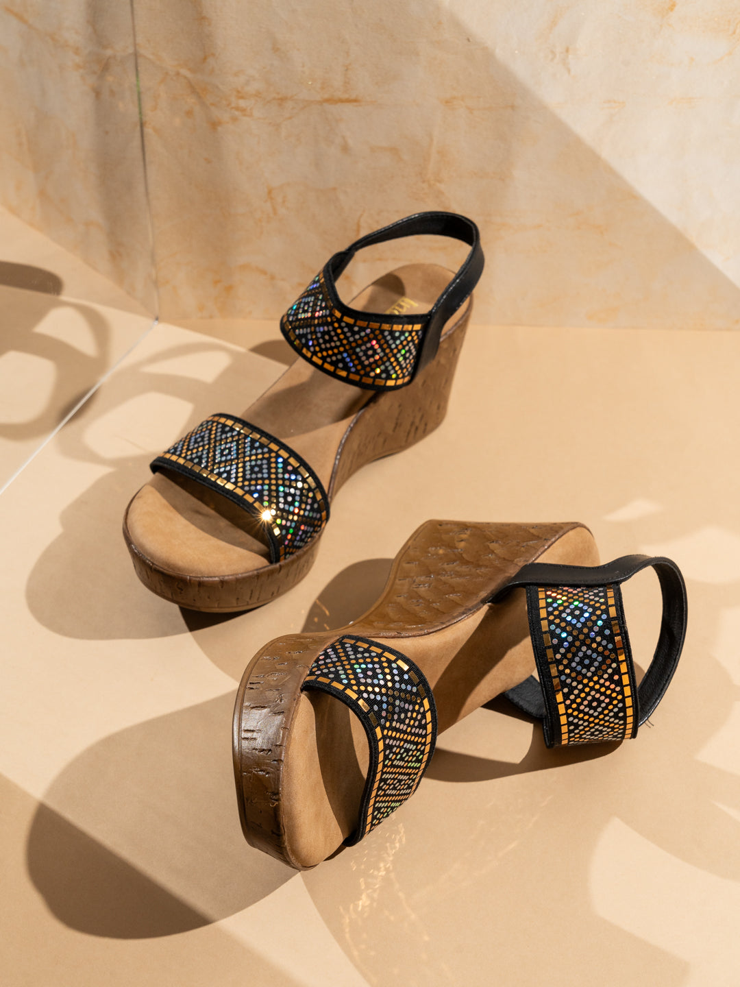 Buy Now Womens Black Party Wear Printed Round Toe Wedges Heel Sandals