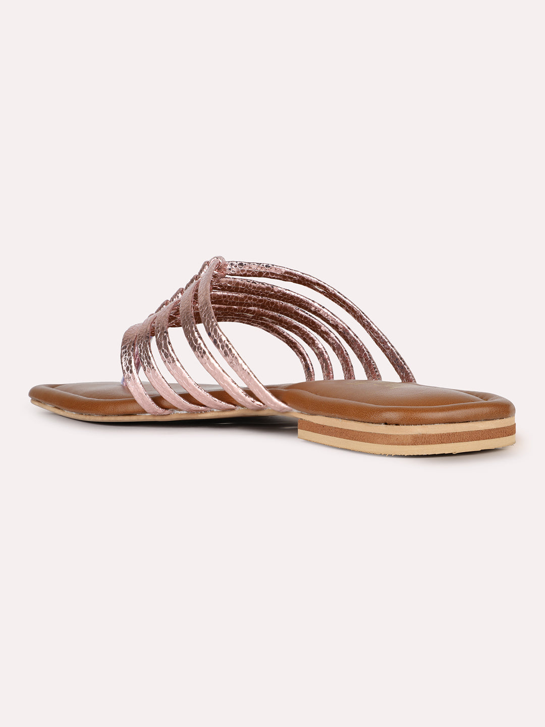 Womens Rose Gold Casual Striped T-Strap Flats Sandals