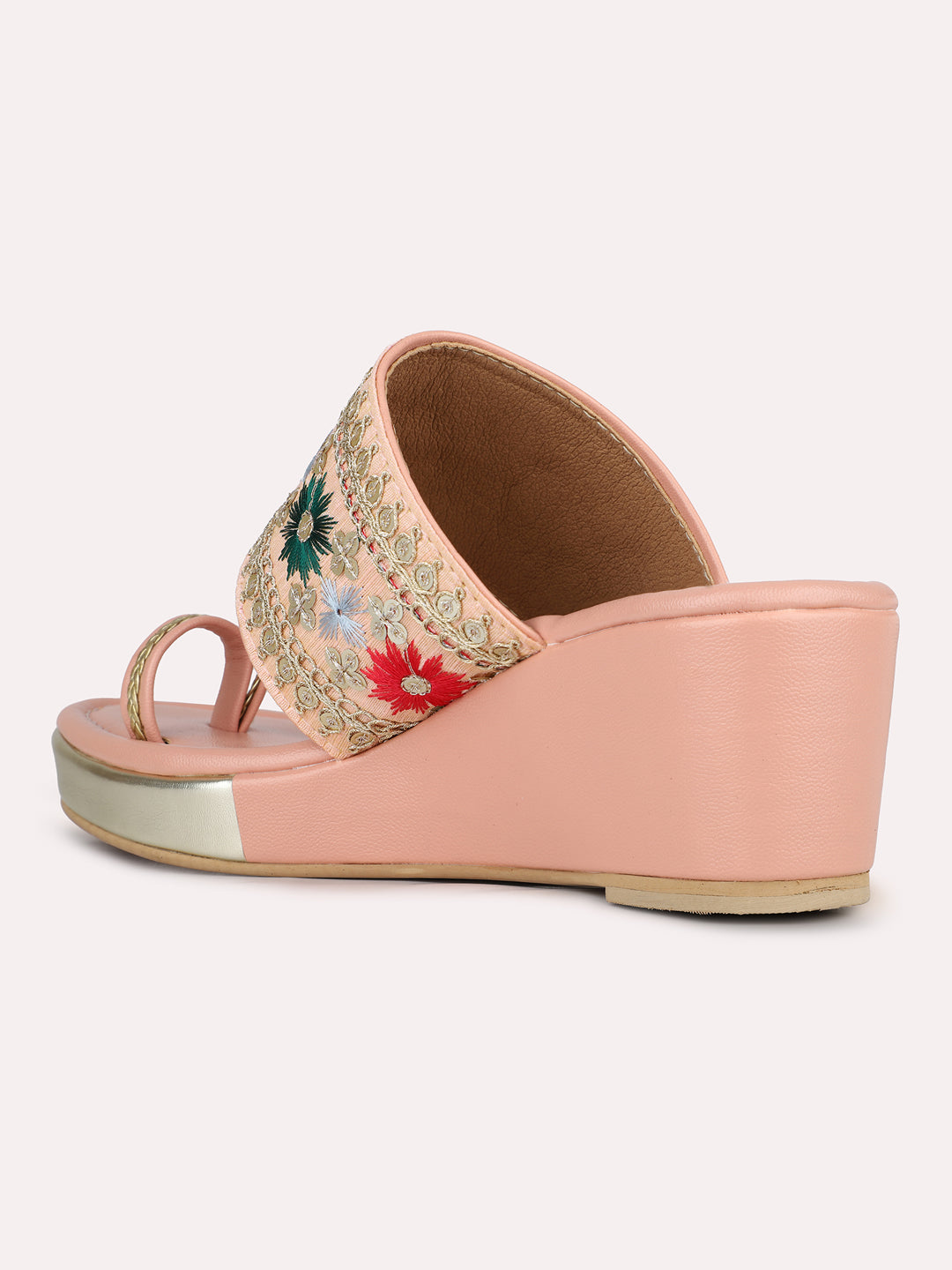 Womens Peach Ethnic Embellished Round Toe Wedges Heel Sandals