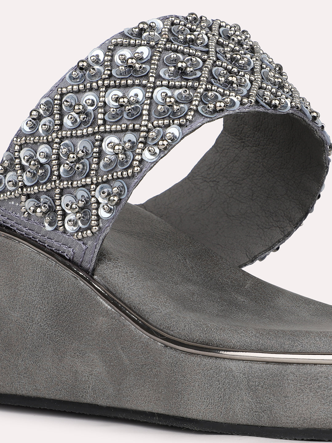 Womens Pewter Embellished Open Toe Party Wear Wedge Heels