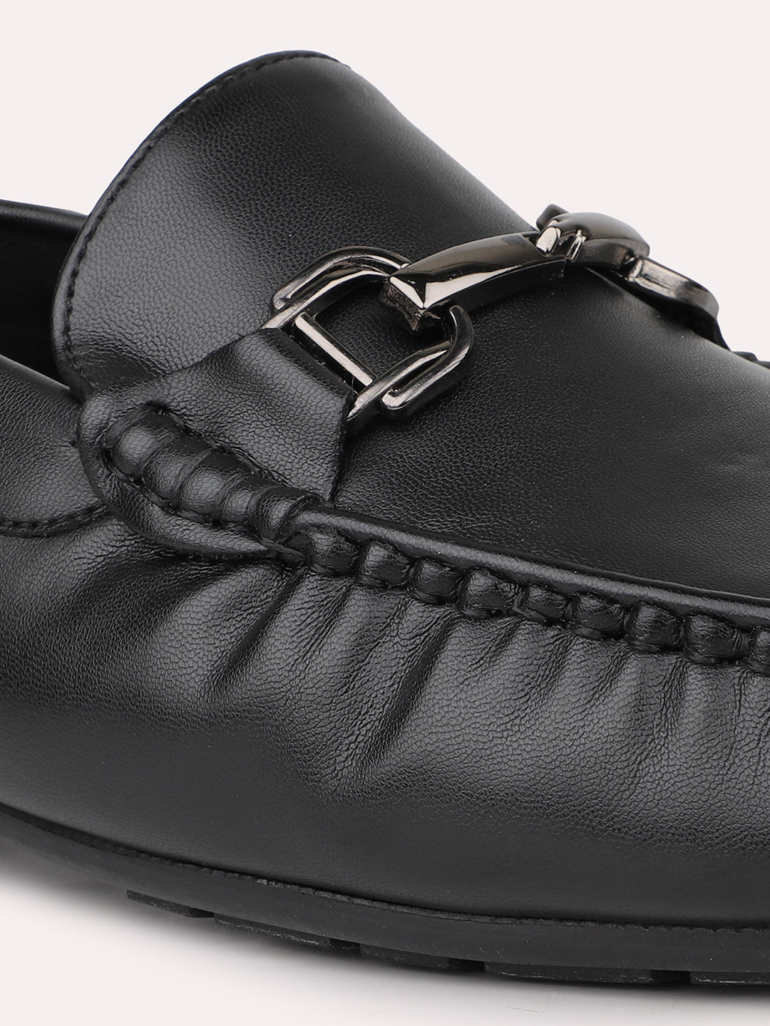 Men Black Solid Leather Comfort Slip-Ons Loafers