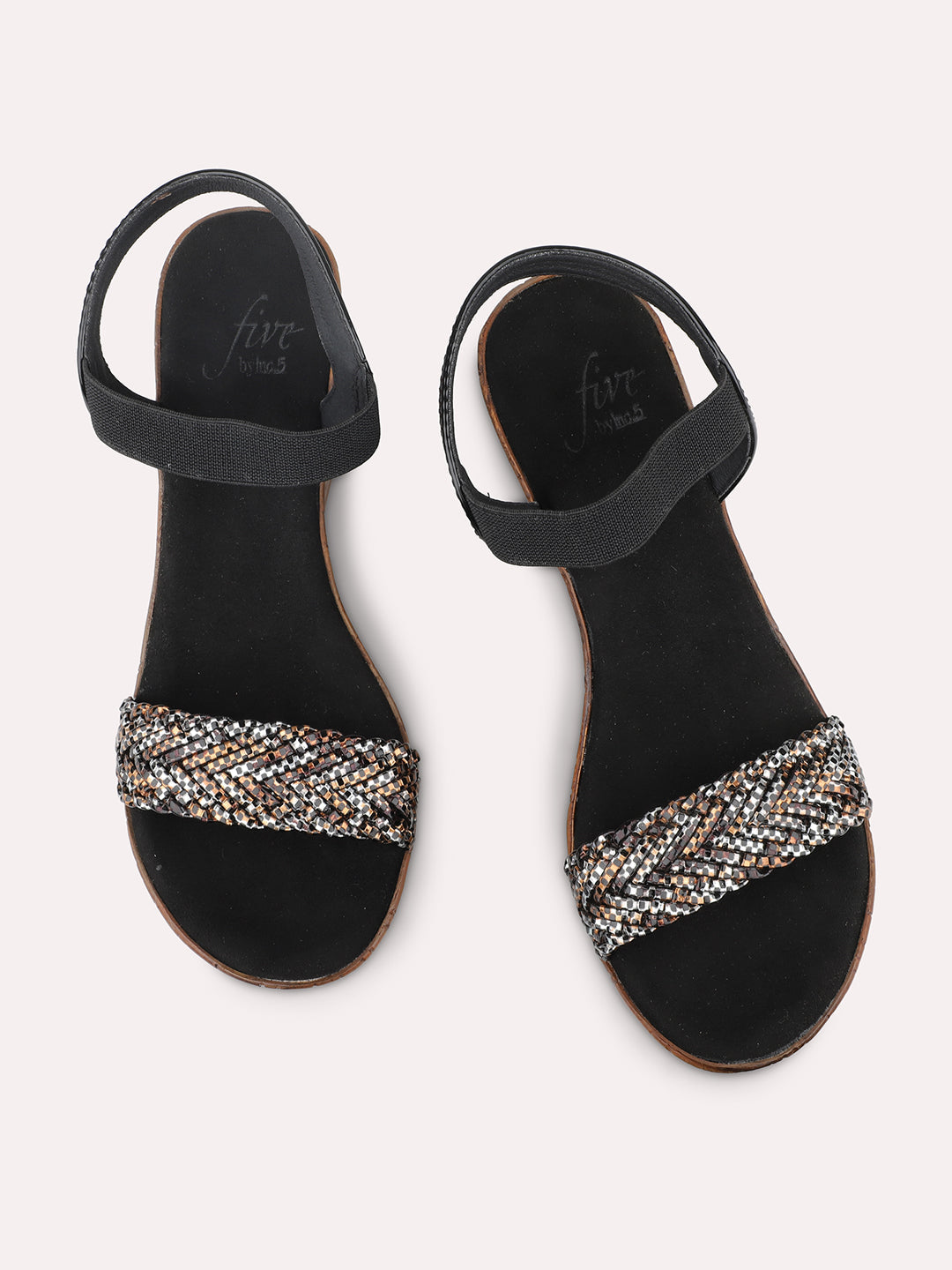 Women Black Embellished Open Toe Wedge Heels