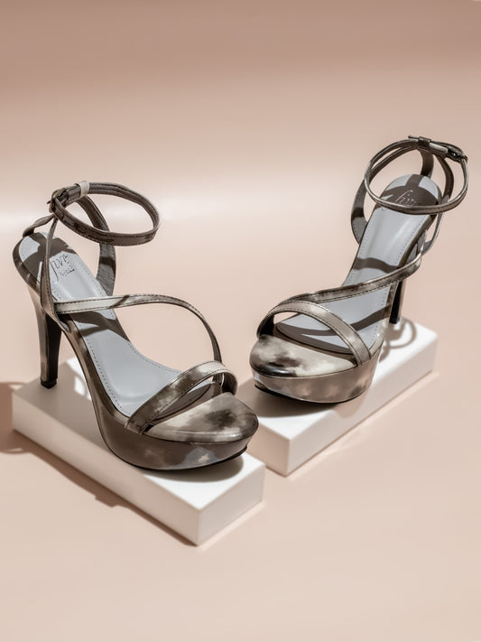 Women Grey Printed Stiletto Heels with Buckles