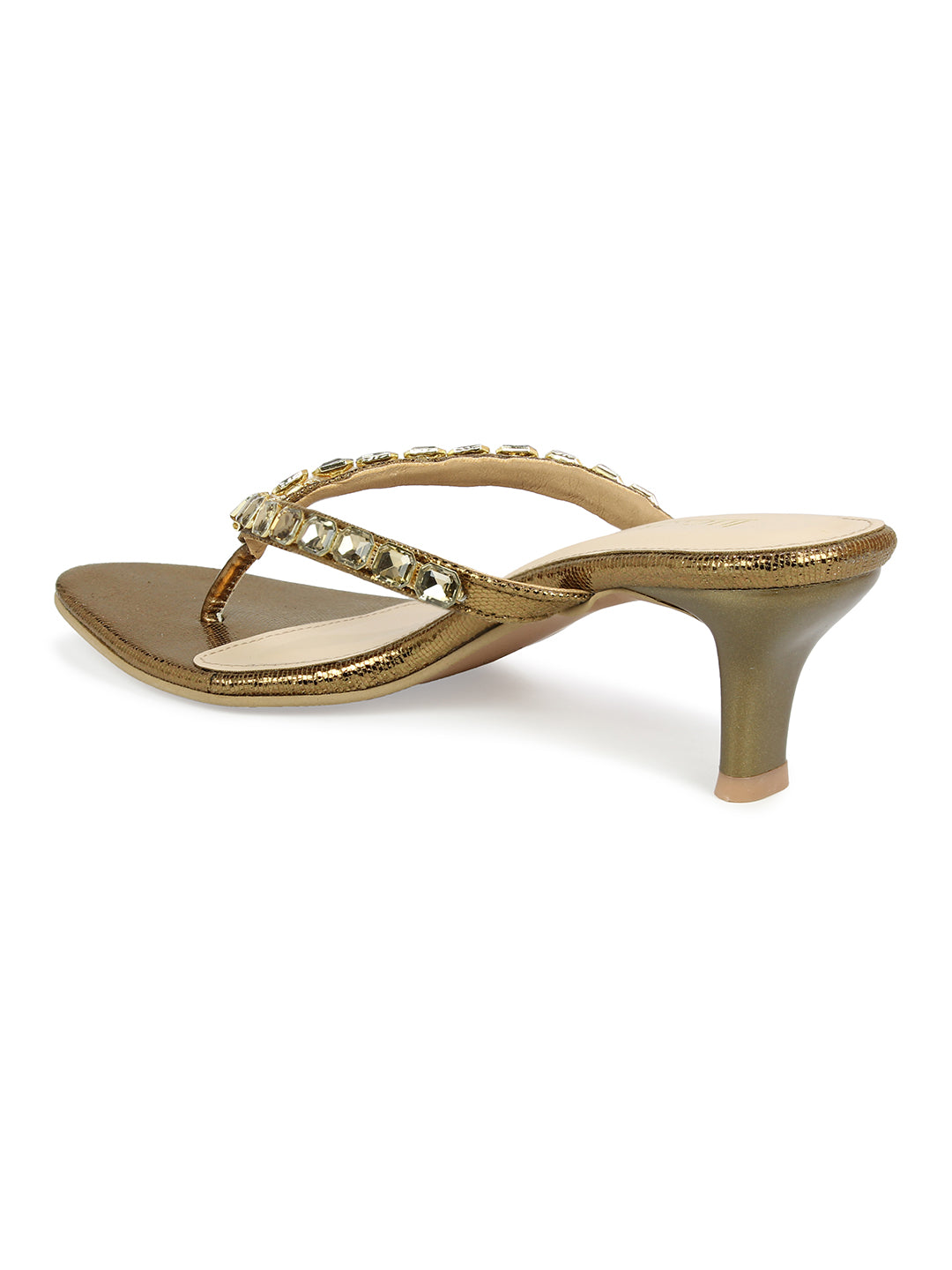 Womens Golden Ethnic Embellished Round Toe Kitten Heels