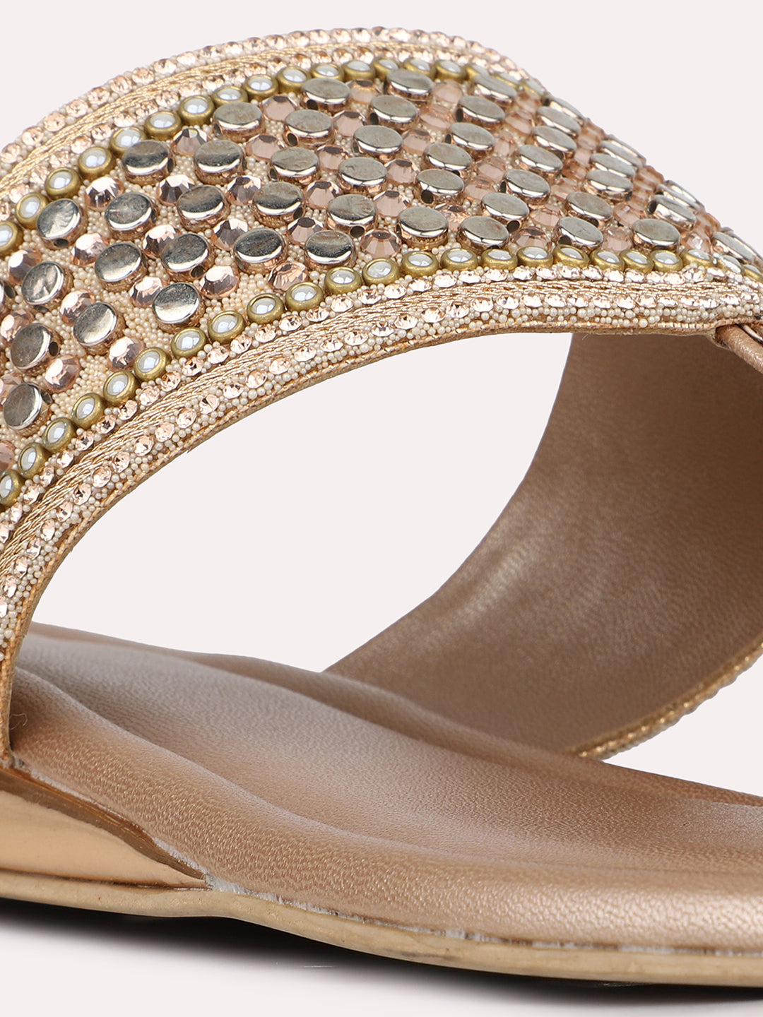 Womens Rose Gold Ethnic Embellished One Toe Flat Slip-On Sandals