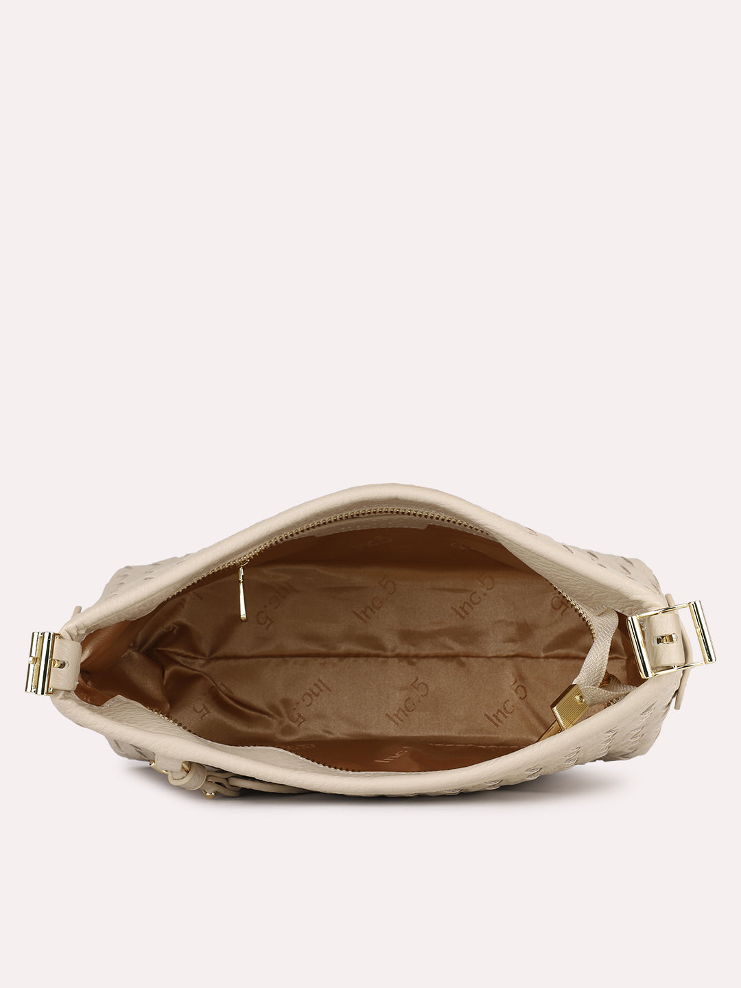 Women Beige Textured Shoulder Bag With Zipper