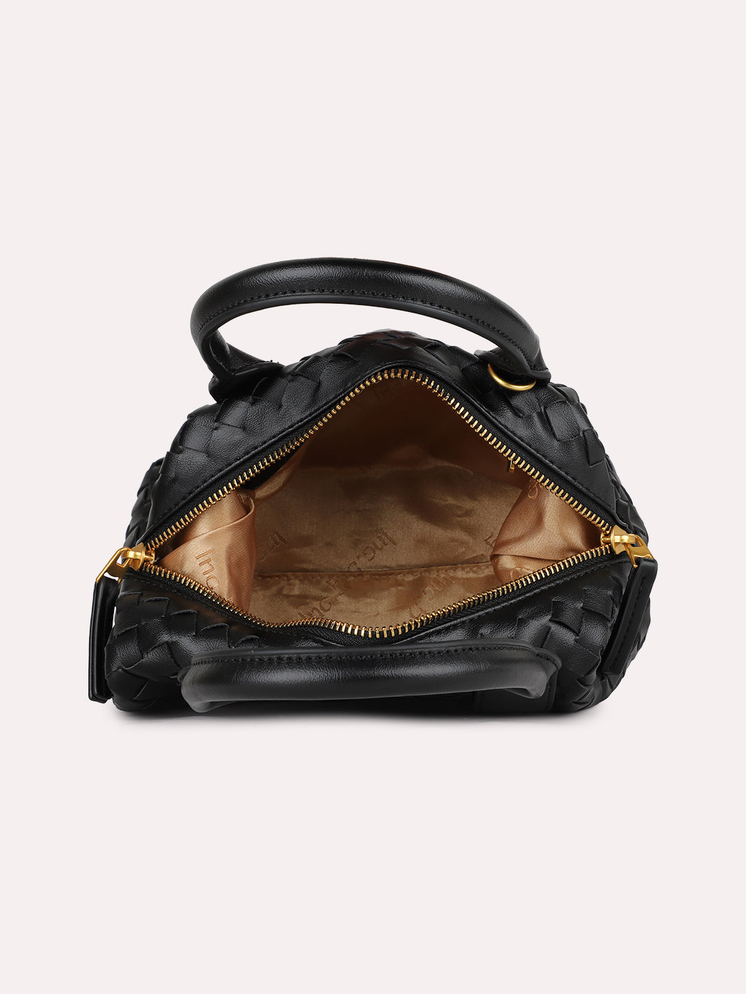 Women Casual Black Textured Handbag With Zip