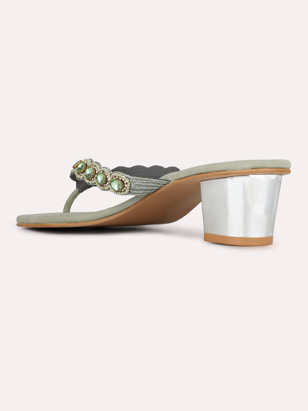 Womens Green Party Wear Embellished Round Toe Block Heels