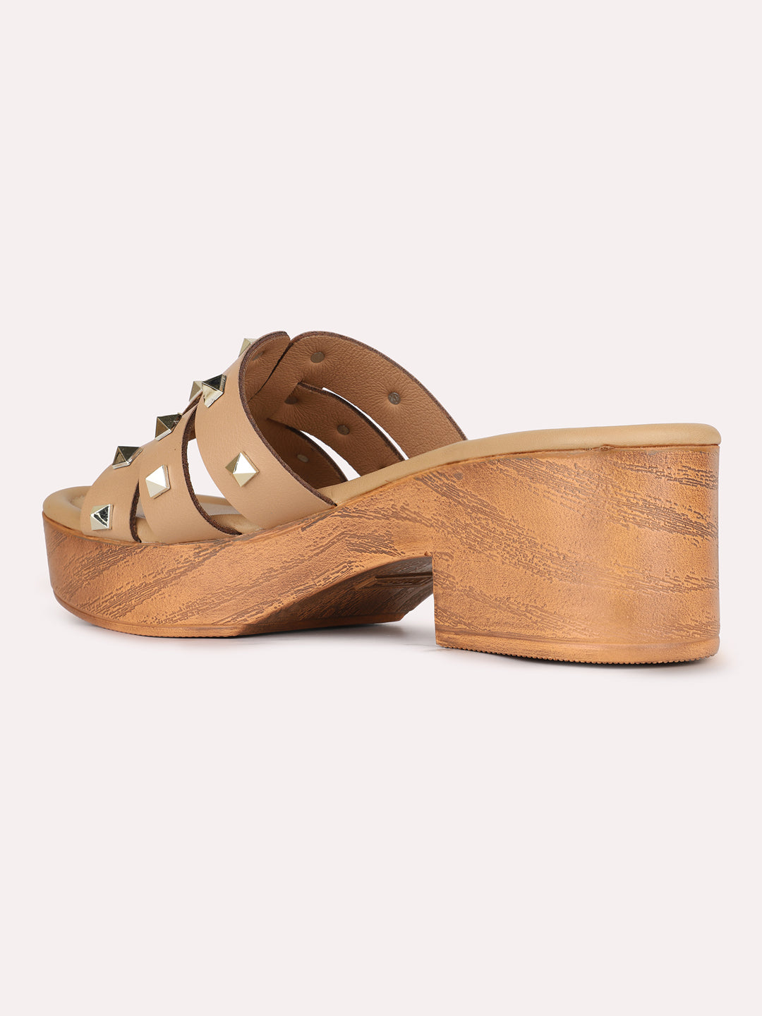 Womens Beige Party Wear Embellished Round Toe Block Heels