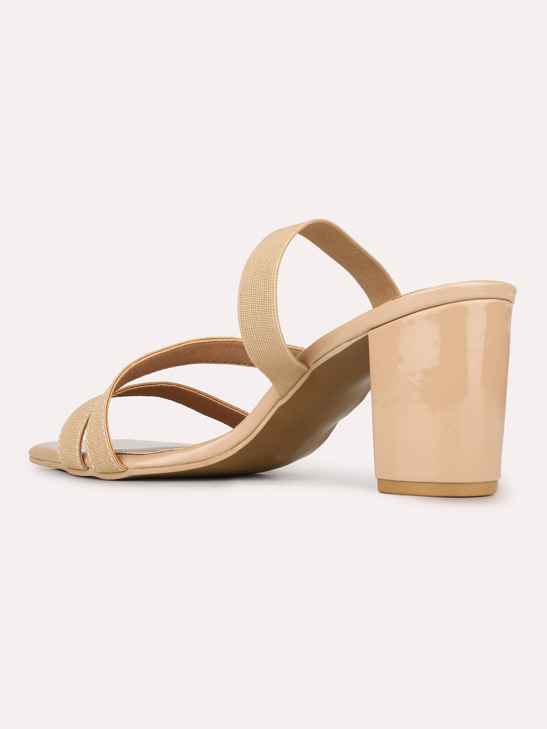Womens Beige Party Wear Striped Square Toe Block Heel Sandals