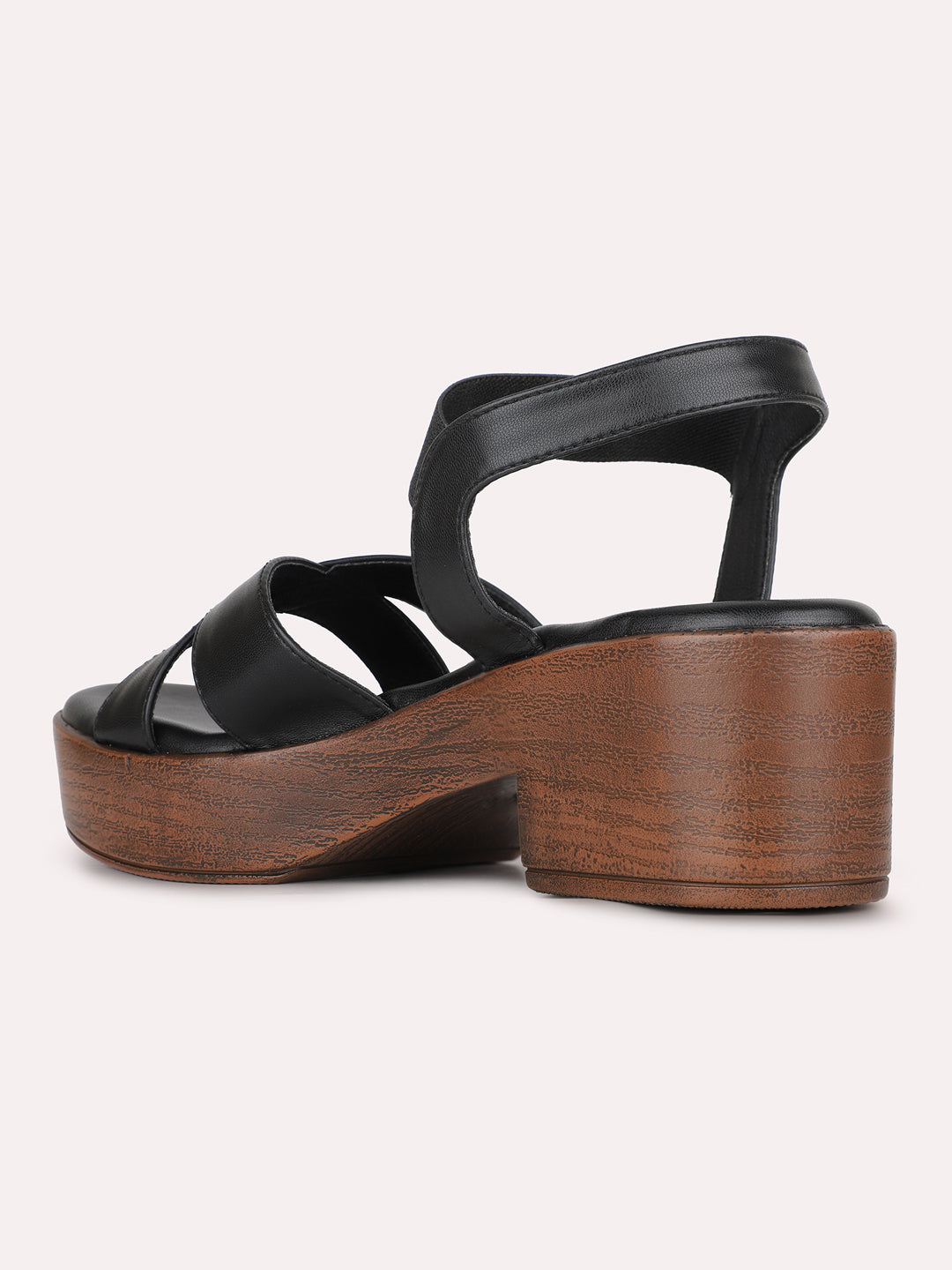 Womens Black Party Wear Striped Round Toe Block Heel Sandals