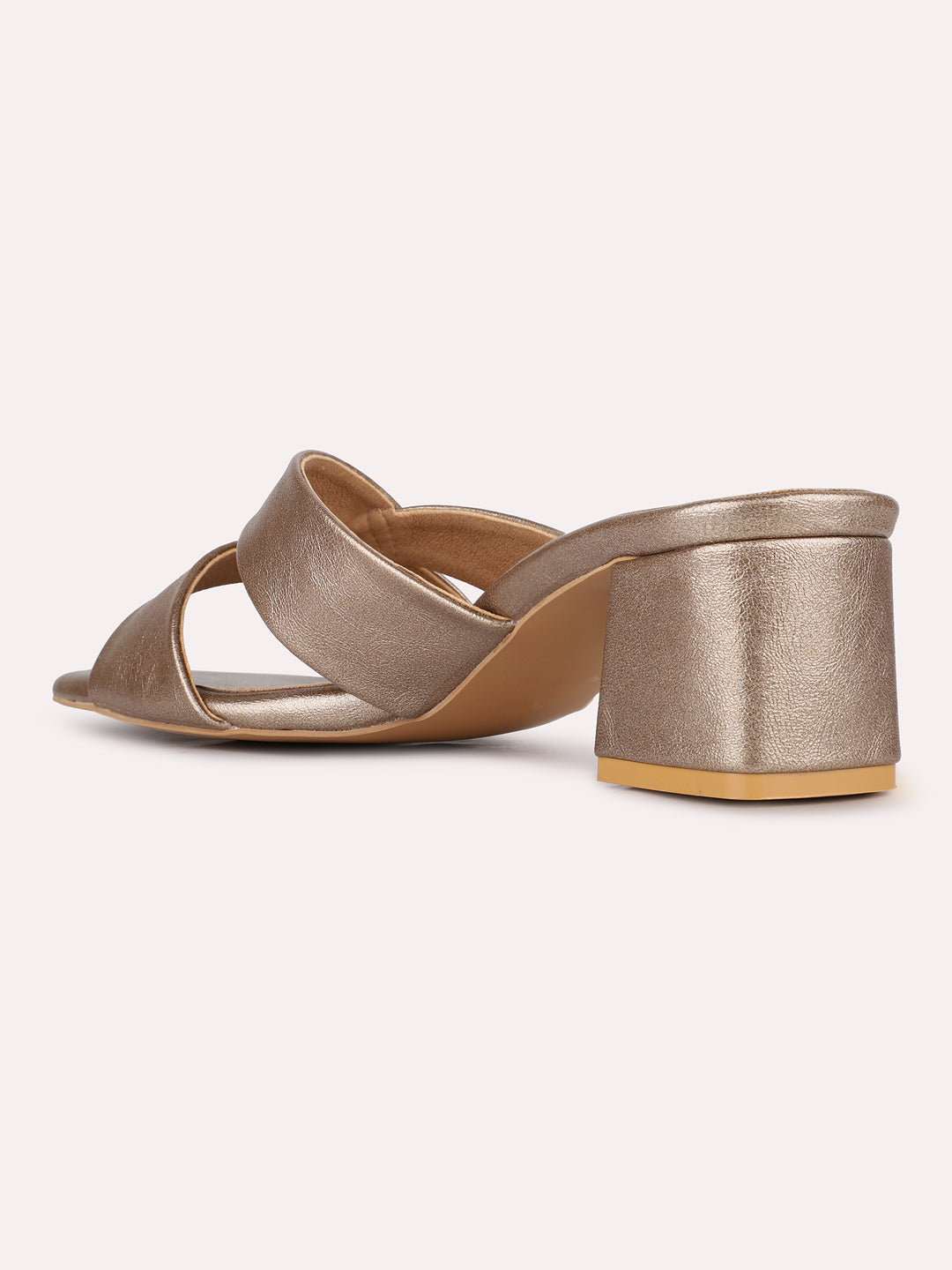 Womens Golden Party Wear Solid Square Toe Block Heel Sandals