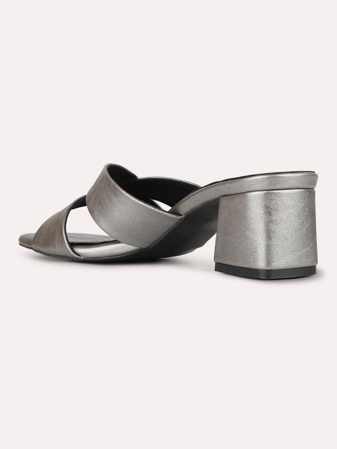 Womens Pewter Party Wear Solid Square Toe Block Heel Sandals