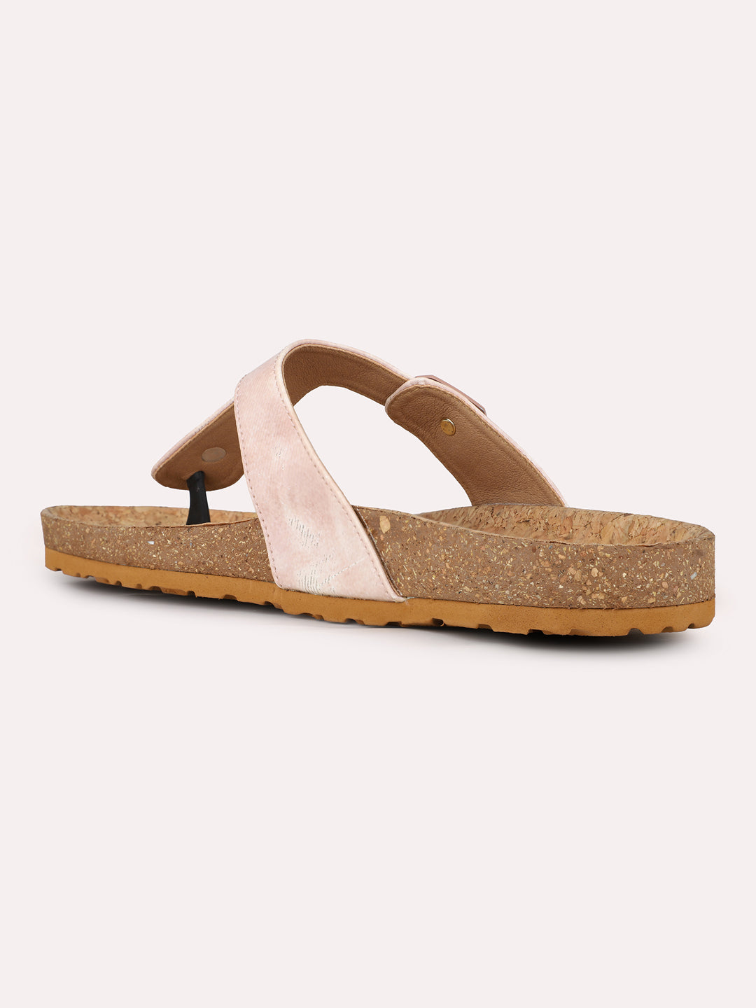 Womens Peach Casual Solid T-Strap Flat Slip-On Sandals
