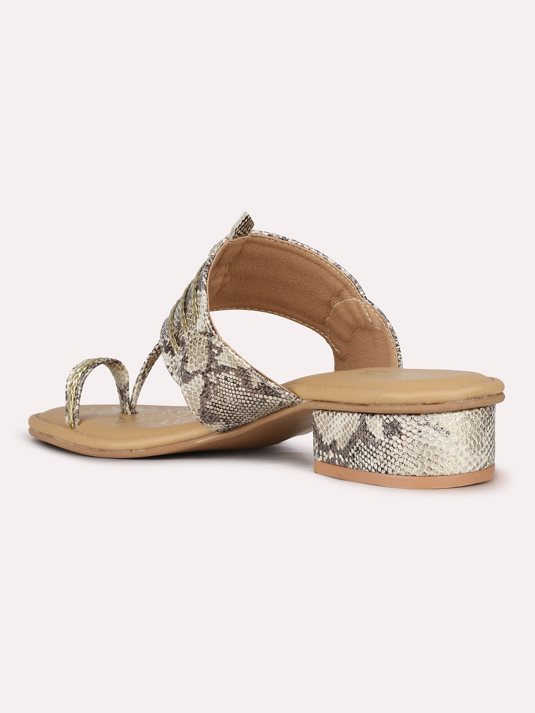 Womens Golden Ethnic Printed Toe Round Toe Block Heel Sandals