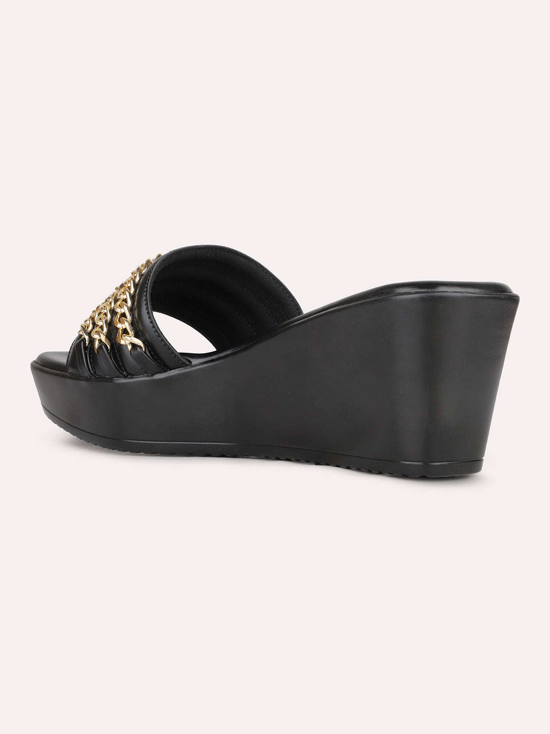 Womens Black Party Wear Embellished Round Toe Wedge Heel Sandals