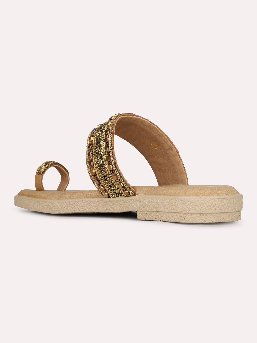 Womens Golden Ethnic Embellished One Toe Flat Slip-On Sandals