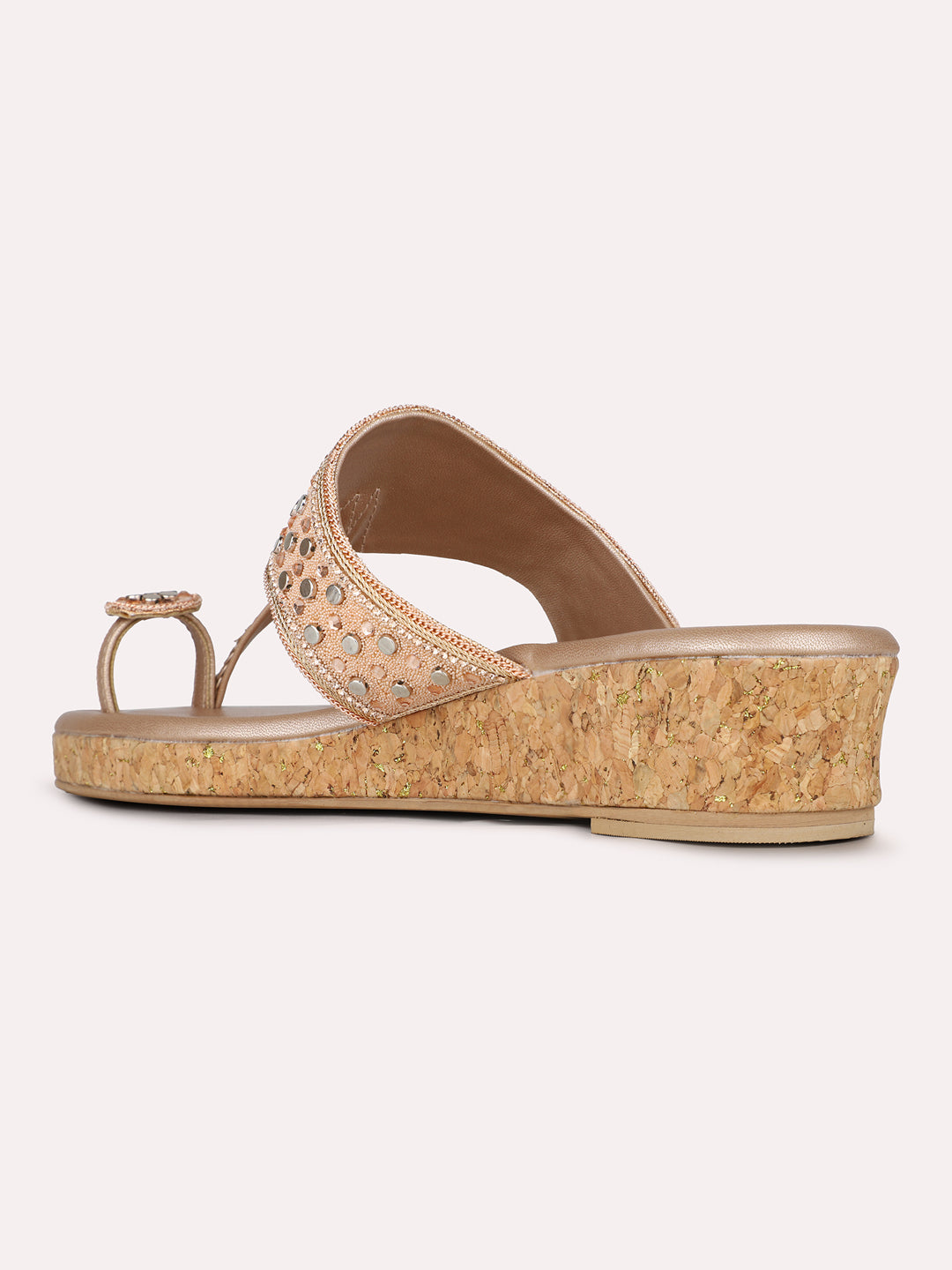 Womens Rose Gold Ethnic Embellished Round Toe Wedge Heel Sandals