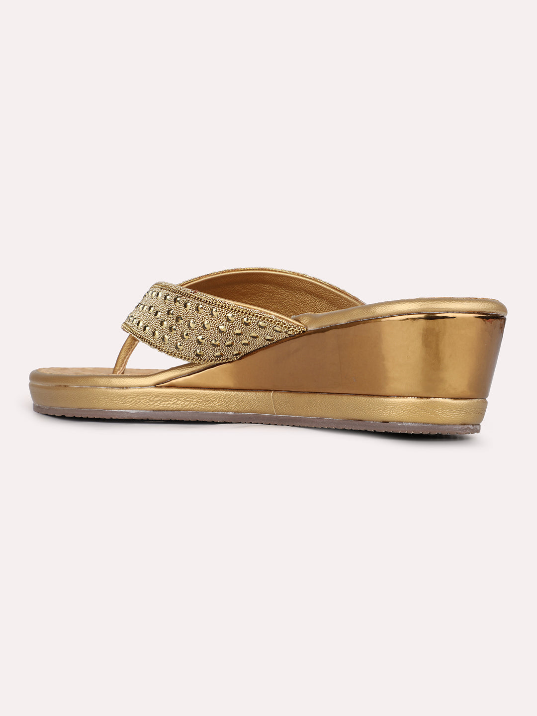 Womens Golden Ethnic Embellished Round Toe Wedge Heel Sandals