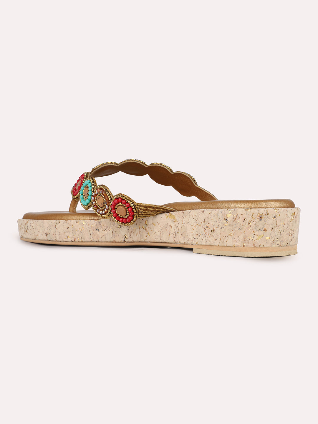 Womens Golden Ethnic Embellished T-Strap Flat Slip-On Sandals